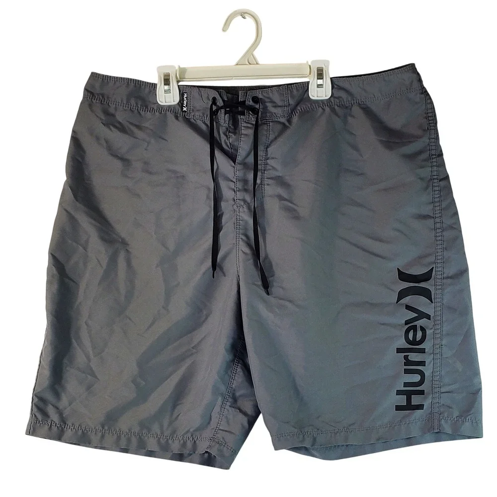 Hurley Mens Board Shorts Size 38 Gray Logo Swim Trunks Lace Up Surf Beachwear